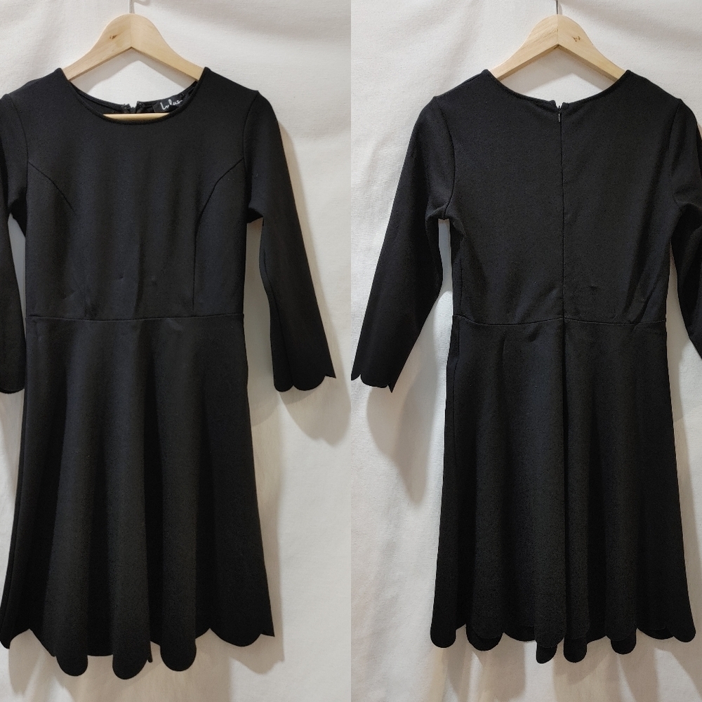 Lulus Cumulonimbus Clouds‎ Black Skater Dress Scalloped Hem 3/4 Sleeve Medium M